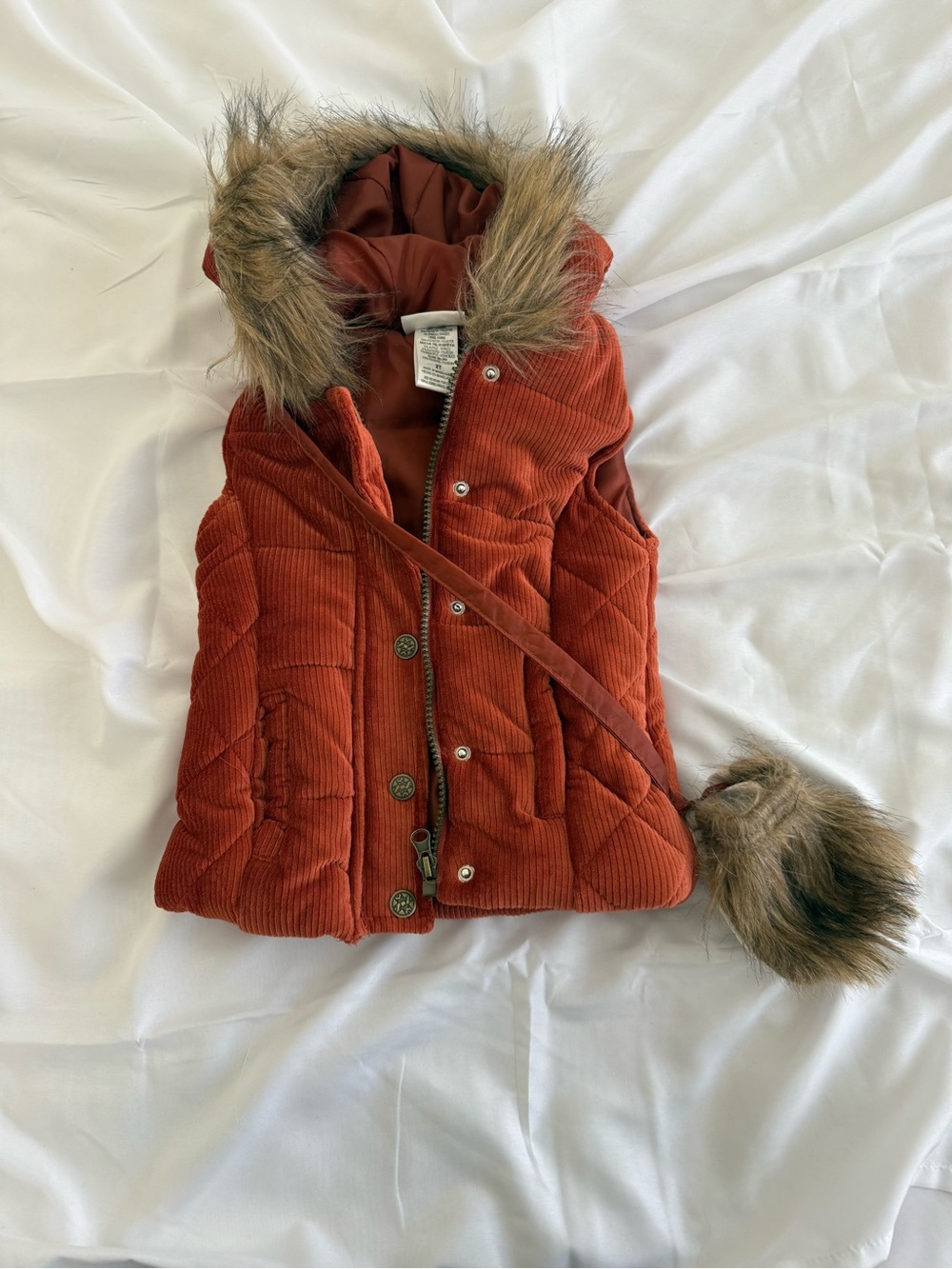 Nicole Miller Girls' Quilted Corduroy Hooded Vest in Rust with Faux Fur Trim